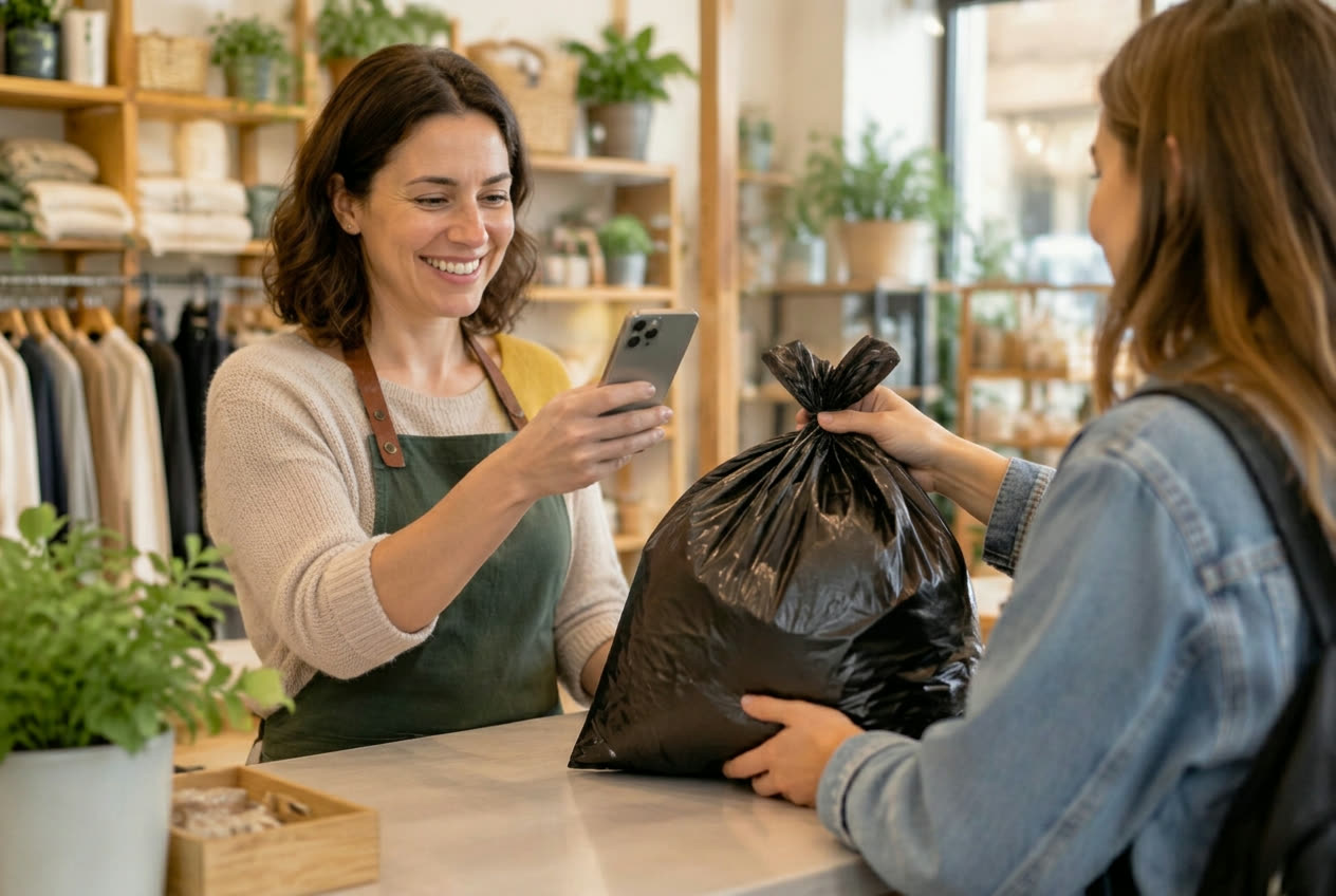 Shop owner checking in a customer's bag of clothes